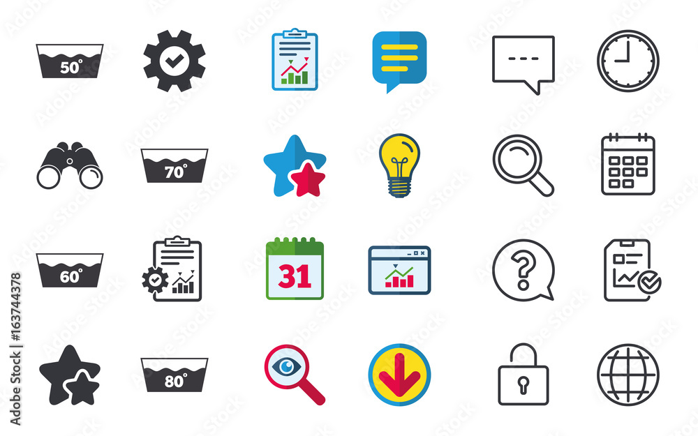 Wash icons. Machine washable at 50, 60, 70 and 80 degrees symbols. Laundry washhouse signs. Chat, Report and Calendar signs. Stars, Statistics and Download icons. Question, Clock and Globe. Vector Wash icons. Machine washable at 50, 60, 70 and 80 degrees symbols. Laundry washhouse signs. Chat, Report and Calendar signs. Stars, Statistics and Download icons. Question, Clock and Globe. Vector