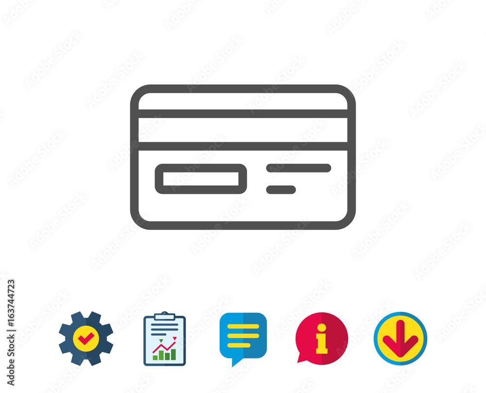 Credit card line icon. Bank payment method sign. Online Shopping symbol. Report, Service and Information line signs. Download, Speech bubble icons. Editable stroke. Vector Credit card line icon. Bank payment method sign. Online Shopping symbol. Report, Service and Information line signs. Download, Speech bubble icons. Editable stroke. Vector