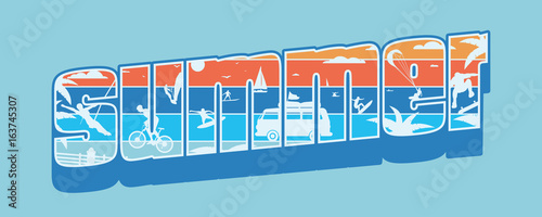 Inscription Summer with beach landscape. T-shirt print. Flat simple vector illustration.