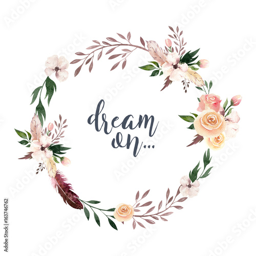 Fototapeta Naklejka Na Ścianę i Meble -  Hand drawing isolated boho watercolor floral illustration with leaves, branches, flowers. Bohemian greenery art in vintage style. Elements for wedding card.