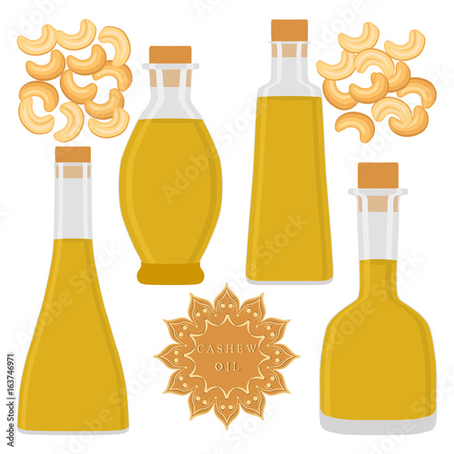 Abstract vector illustration logo glass bottles oil, plastic bottle with cap, oils in jars.