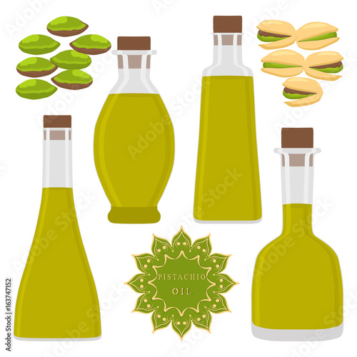 Abstract vector illustration logo glass bottles oil, plastic bottle with cap, oils in jars.
