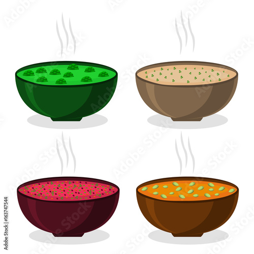 Abstract vector illustration of logo ceramic bowl, wide plate is filled with various homemade soups.