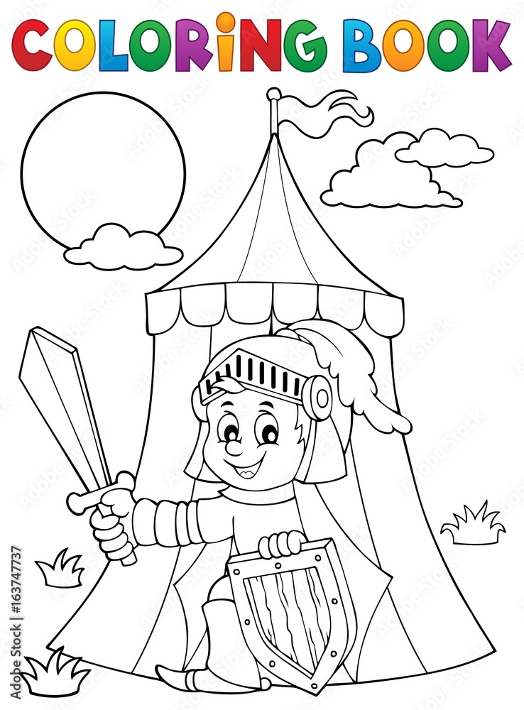 Coloring book knight by tent theme 1 Stock Vector Adobe Stock