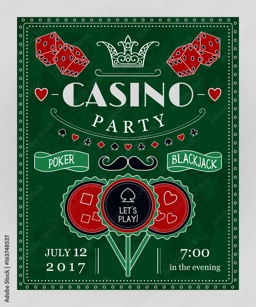 Fototapeta premium Casino party invitation with decorative elements. Vintage vector illustration