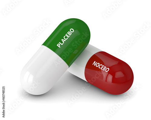 3D render of placebo and nocebo pills over white photo