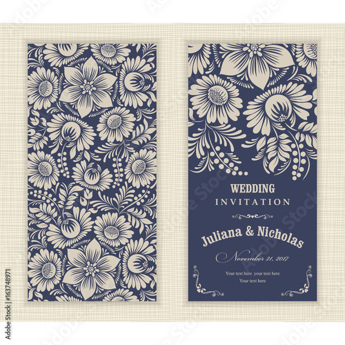 Wedding invitation cards  baroque style blue and beige. Vintage  Pattern. Retro Victorian ornament. Frame with flowers elements. Vector illustration.