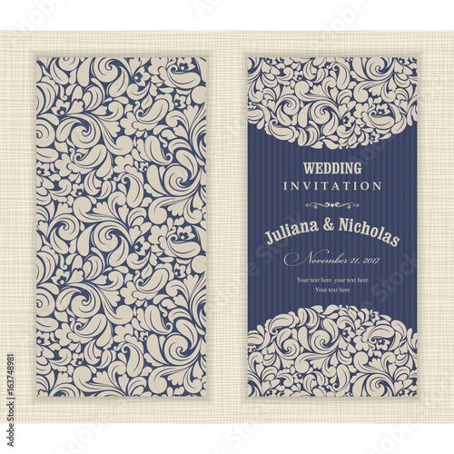 Wedding invitation cards  baroque style blue and beige. Vintage  Pattern. Retro Victorian ornament. Frame with flowers elements. Vector illustration.