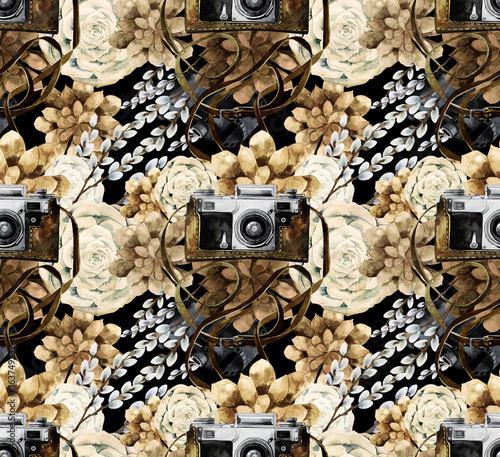 Watercolor pattern with vintage camera and succulents