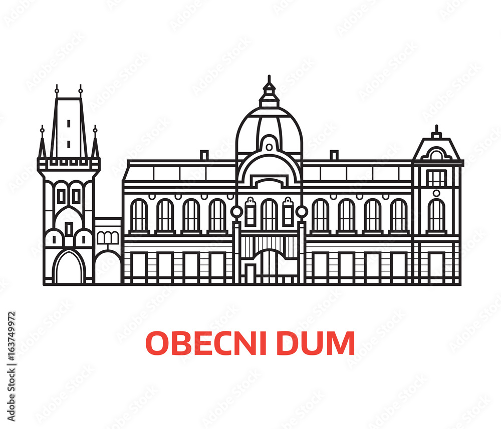 Prague Municipal house and Powder tower vector illustration in line art design. City hall Obecni Dum and Powder Gate landmarks emlem in linear style.