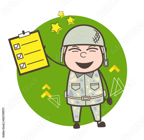 Joyful Army Man Showing Checklist Vector Illustration