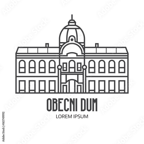 Prague Municipal house logo or label template in line art design. City hall Obecni Dum logotype in linear style.
