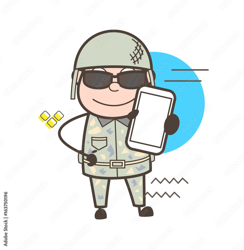 Cartoon Army Man Showing Smartphone Vector Illustration