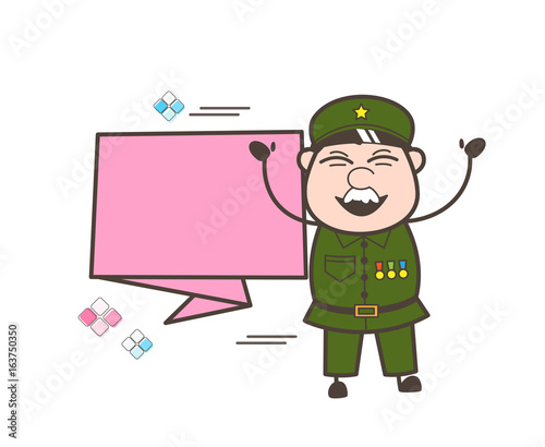 Cartoon Army Man with Paper Banner Vector Illustration