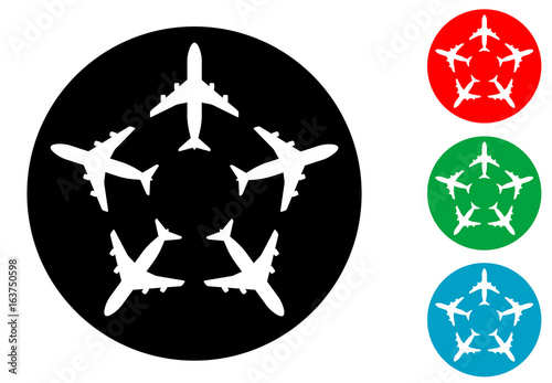 Icono plano cinco aviones en circulo varios colores