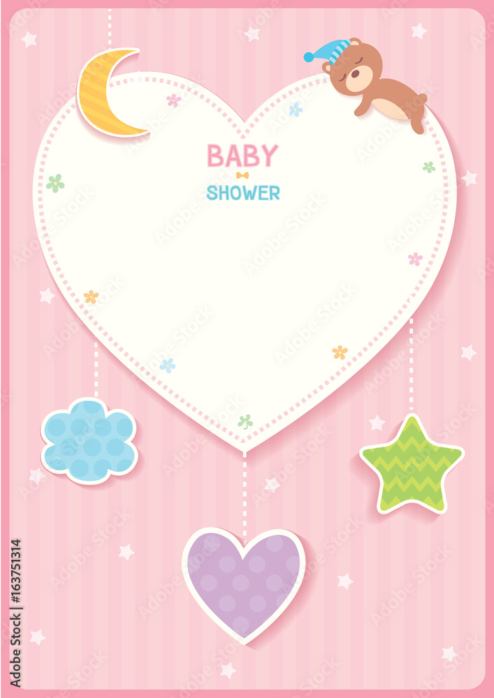 Baby shower card with heart frame and sleeping teddy bear on pink background. Baby shower card with heart frame and sleeping teddy bear on pink background.