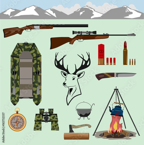 
Rifles for hunting, a rubber boat swim across the river. Binoculars, a knife, a compass, a fire and cartridges. In the middle is the head of a deer. Isolated.