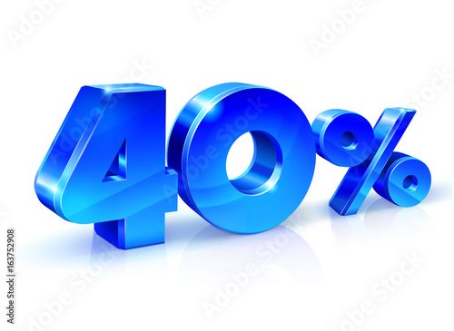 Glossy blue 40 Forty % percent off, sale. Isolated on white background, 3D object.