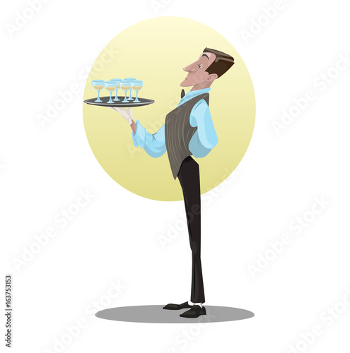 Digital vector funny comic cartoon tall and skinny waiter in gloves holding tray glasses with drinks, dressed in suite and bow, hand drawn illustration, abstract realistic flat style