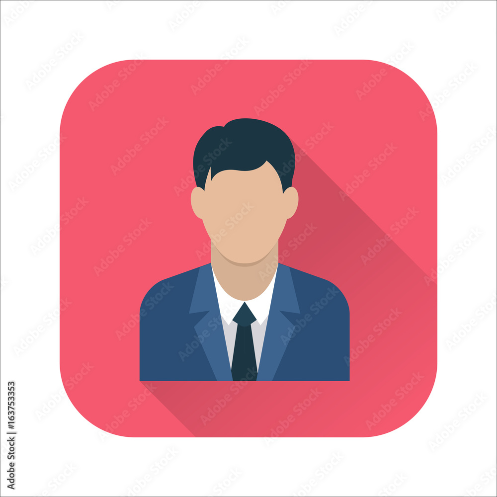 Businessman flat icon. Man in business suit. Avatar of businessman. Flat internet icon with long shadow in cartoon style. Web and mobile design element. Male profile. Vector colored illustration.