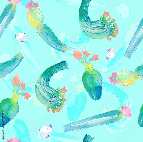 Watercolor cactus seamless pattern
