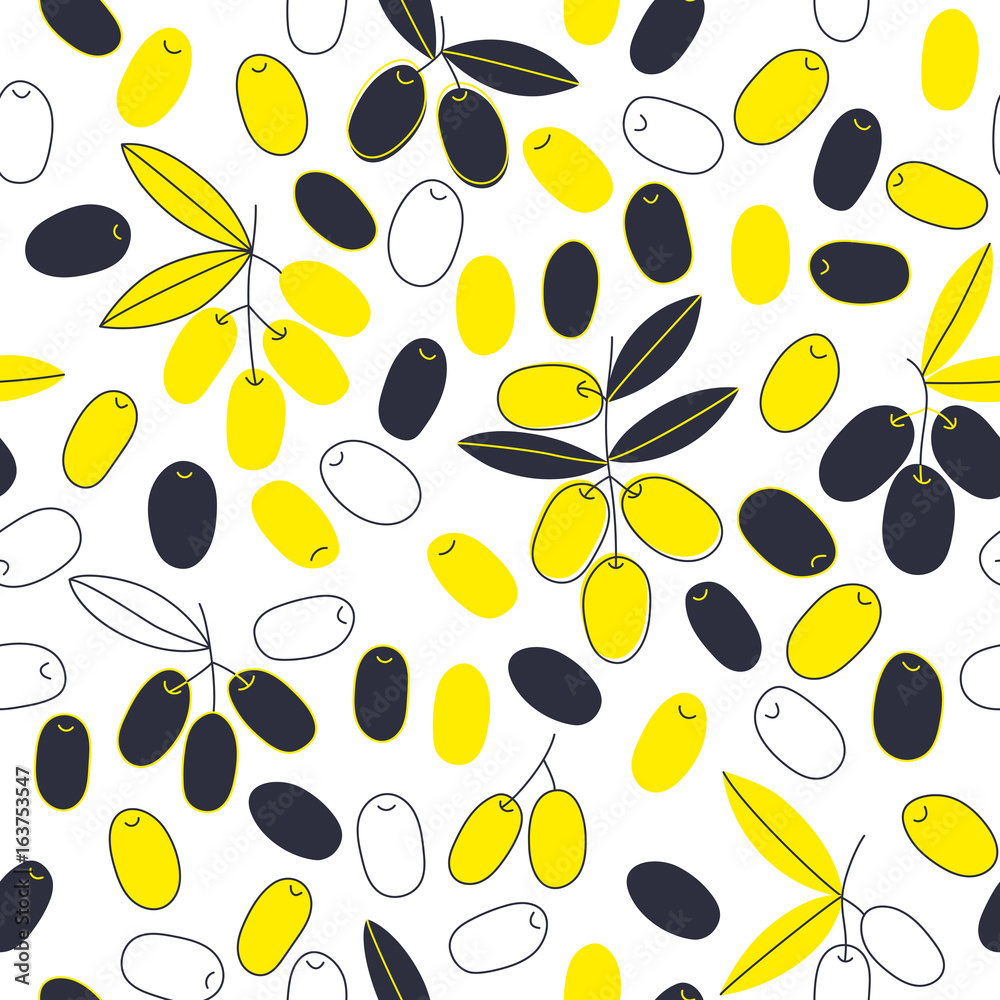 Fototapeta premium Olive branch seamless pattern, olive background hand drawn vector. Olives graphic. Mediterranean food wallpaper. Illustration for wrapping, wallpaper or print.