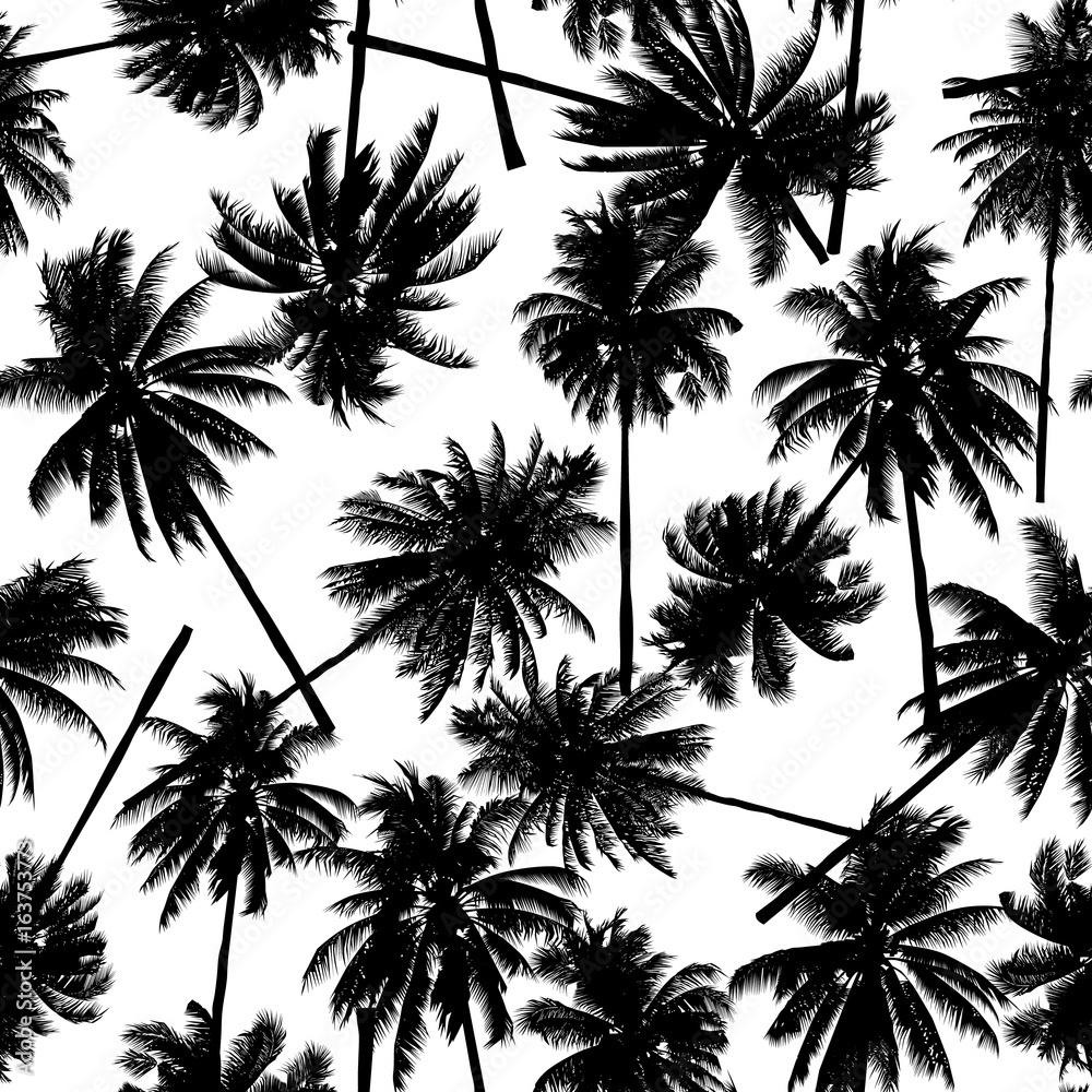 seamless black coconut trees pattern for fashion textile, plant vector illustration