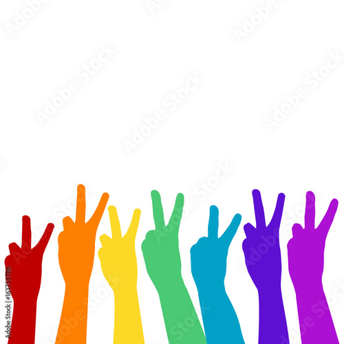 Hands showing victory sign in rainbow colors