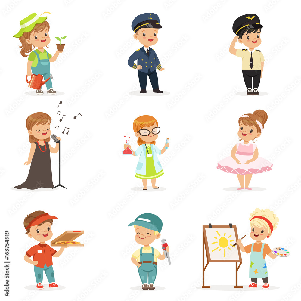 Cute kids in various professions set. Smiling little boys and girls in uniform with professional equipment colorful vector illustrations