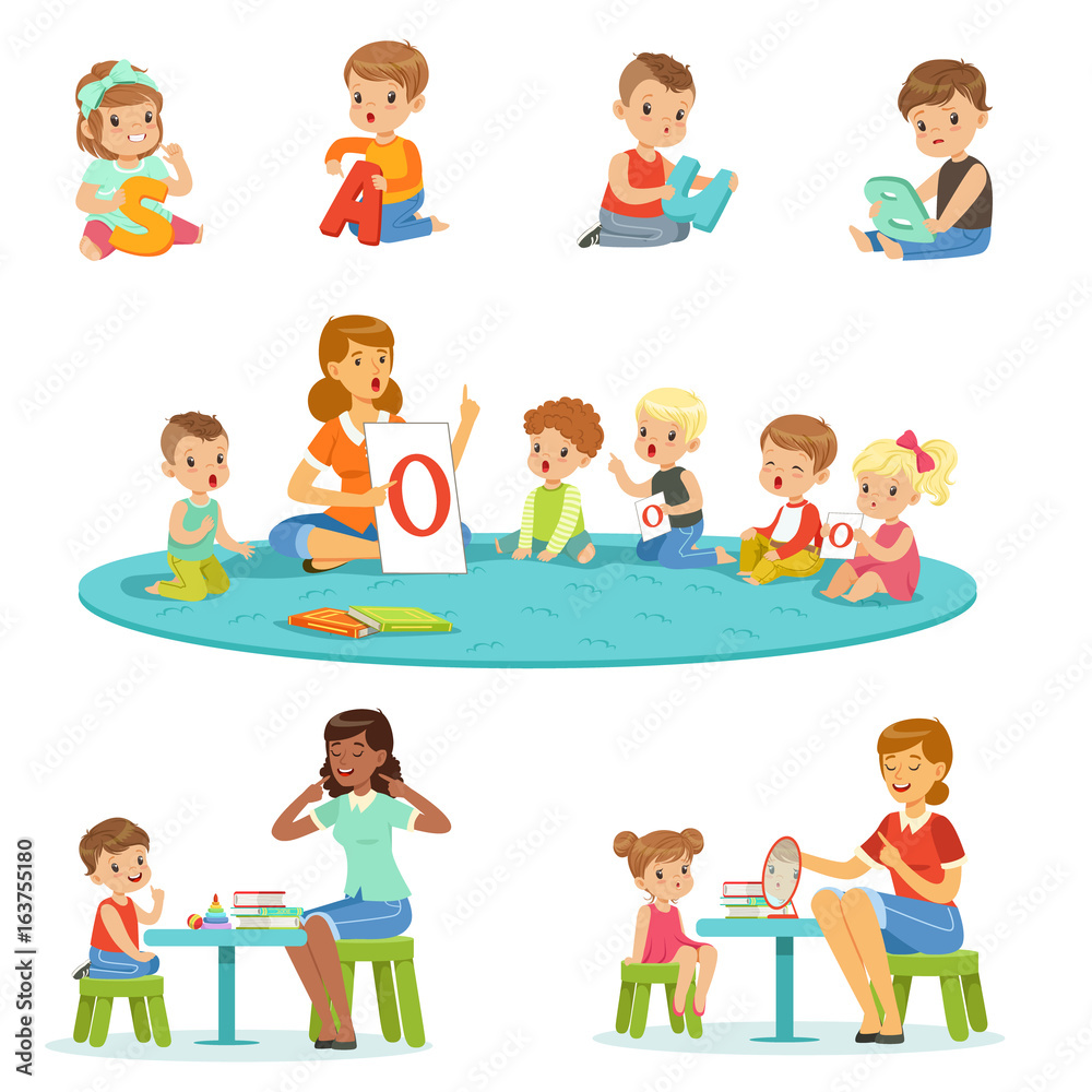Smiling little boys and girls sitting on the floor and studying alphabet with their teacher set. Childrens activity in the kindergarden colorful vector illustrations