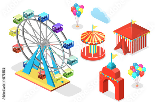 Isometric flat 3D isolated city banners with carousels. amusement park