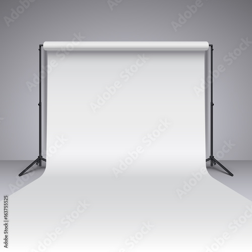 Empty white photo studio backdrop. Realistic photographer studio backdrop