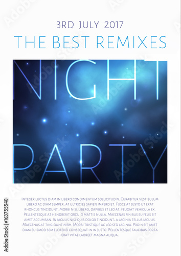 Vector space party flyer design with bright blue nebula and white stars.