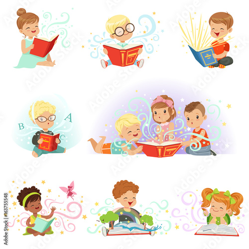 Adorable little boys and girls sitting and reading fairy tales set. Kids fabulous imagination vector illustrations