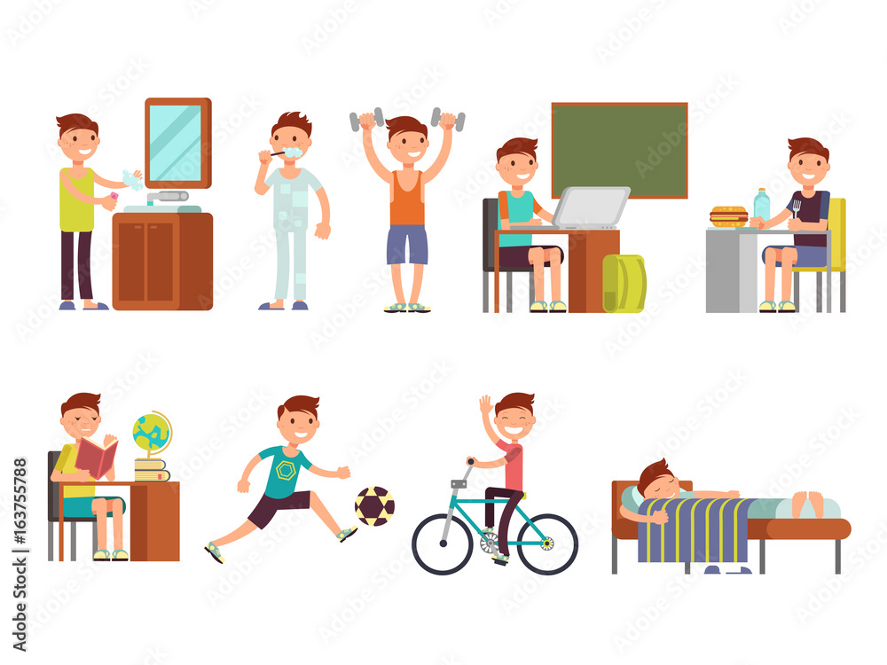 Child boy daily routine vector set Child boy daily routine vector set
