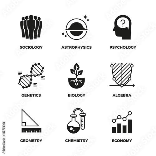 Science vector icons set. Genetics and economy, algebra and chemistry. Geometry and biology, psychology and astrophysics, sociology symbols