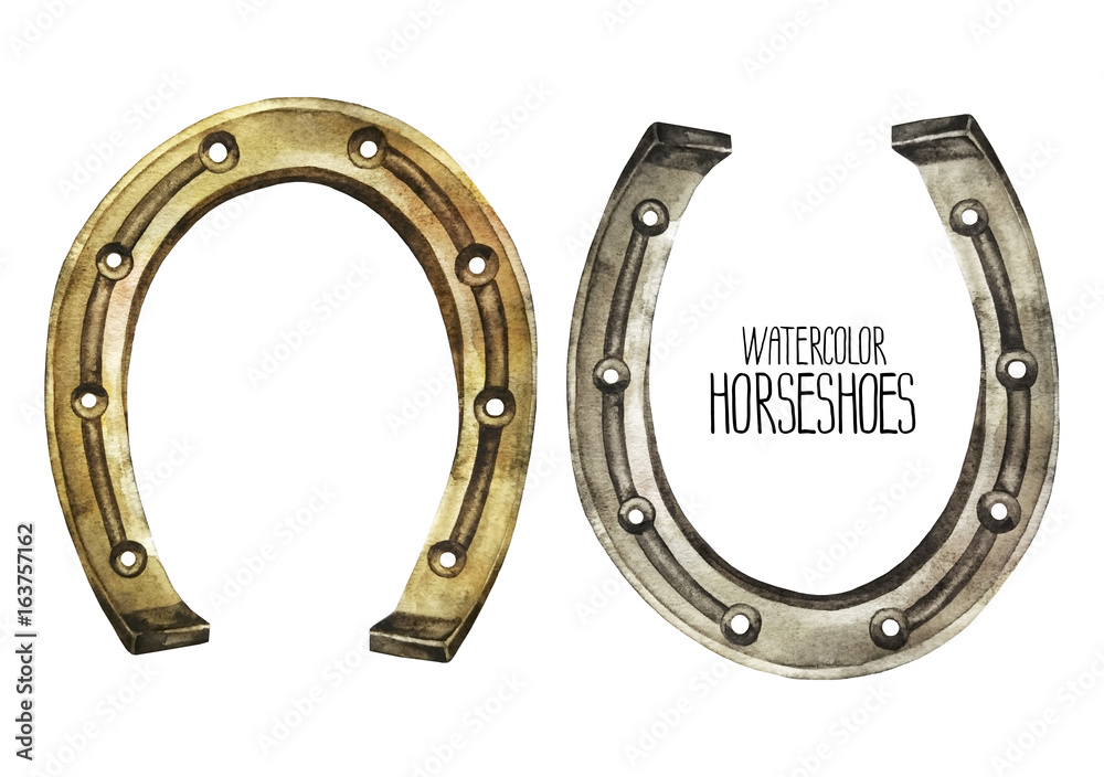 Watercolor horseshoes in golden and silver colors Stock Illustration