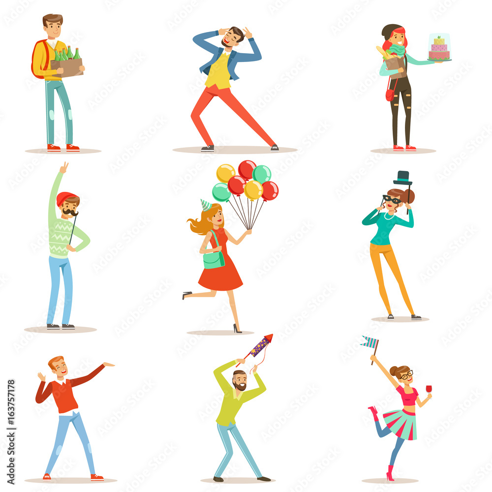 Happy people celebrating, giving gifts and having fun at a birthday party set of colorful characters vector Illustrations
