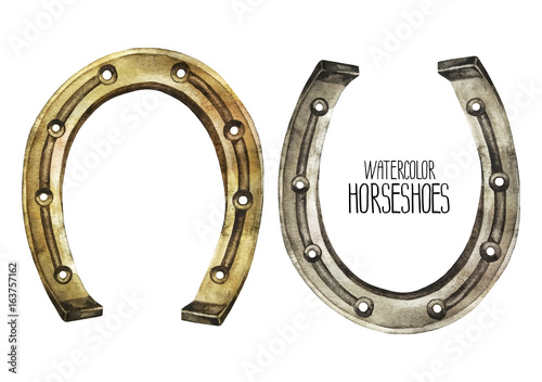 Photo Watercolor horseshoes in golden and silver colors