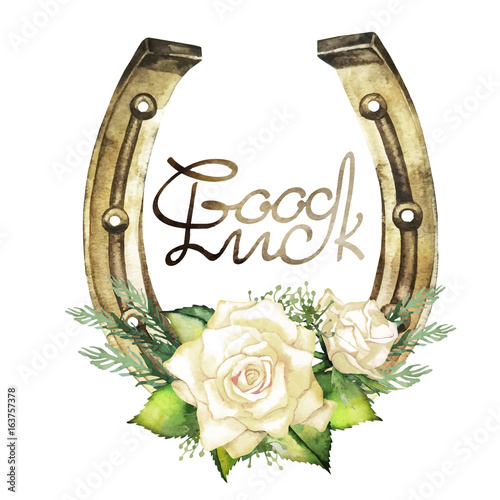 Horseshoes in golden color with white roses