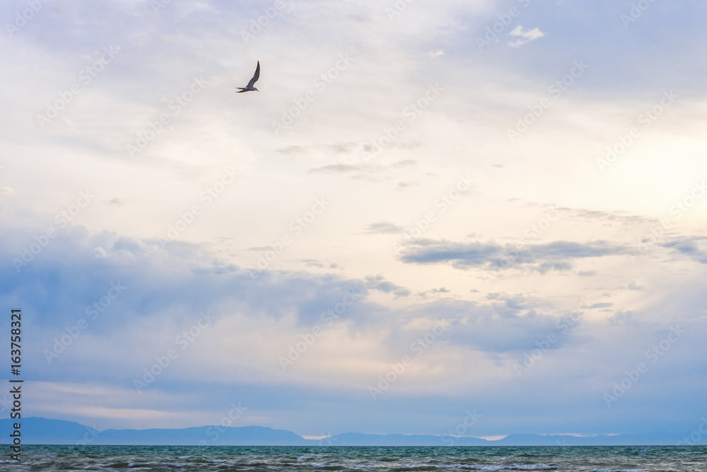 bird flying over surface of green sea waves with mountains on background
