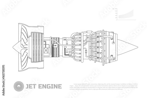 Jet engine of aircraft. Part of the airplane. Side view. Aerospase industrial drawing. Outline image.