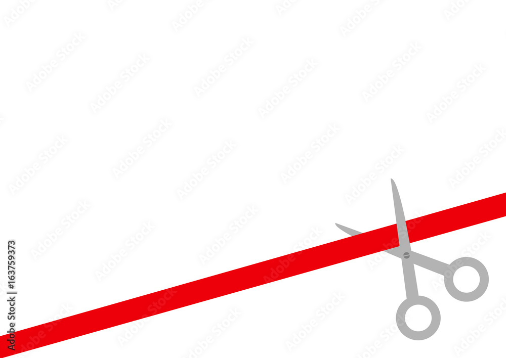 Scissors cut straight red ribbon on the right. Business beginnings event. Launch startup concept. Grand opening celebration sign symbol. Flat design style. White background. Isolated.