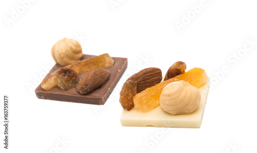 Chocolate with nuts and raisins isolated