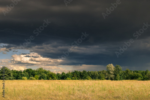 Bedrohliche dunkle Wolken vor einem Unwetter über einem Wald und Feld im Sommer