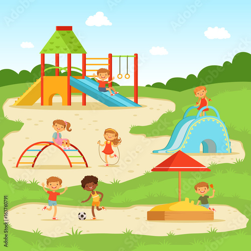 Funny children at summer playground. Kids playing in park. Vector illustration