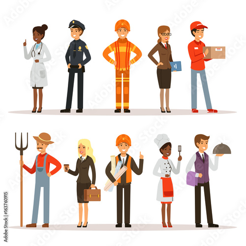 People group in different professions. Fireman, doctor and teacher. Builder, policeman and courier. Vector characters in action poses