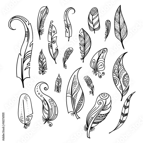 Bird feathers. Hand drawing indian elements set isolate on white. Boho style © ONYXprj