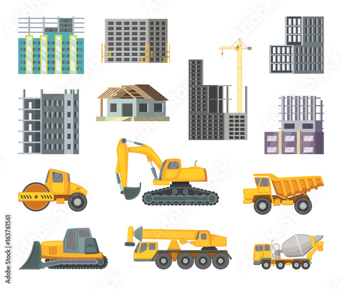 Big heavy yellow machines and modern buildings at construction stages. Unfinished home. Vector pictures in cartoon style