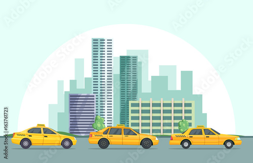 Vector background illustration of modern urban landscape with different buildings and taxi cars